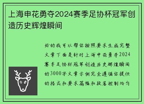 上海申花勇夺2024赛季足协杯冠军创造历史辉煌瞬间