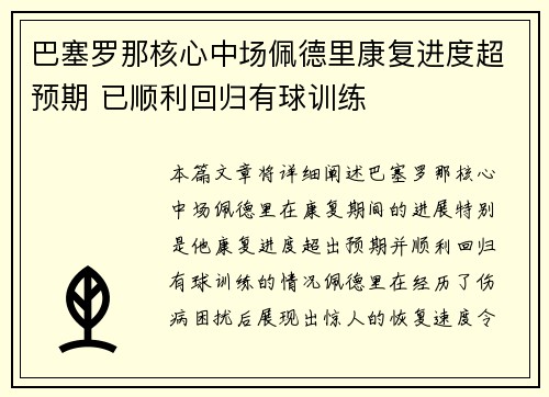 巴塞罗那核心中场佩德里康复进度超预期 已顺利回归有球训练